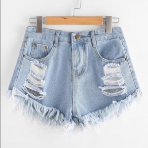 Destroyed Fray Hem Denim Shorts